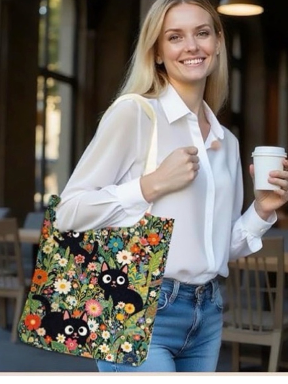 Black cat Floral Tote Bag - Cute Cat Print Canvas Shopper. NWT